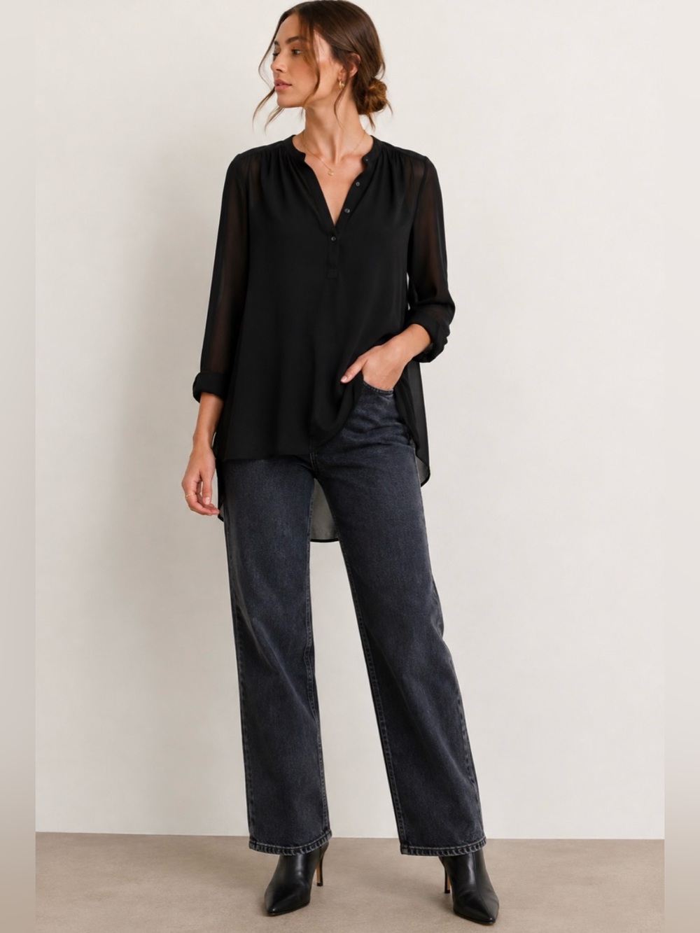 Violet + Claire Black Sheer Blouse | High-Low Hem | Women’s Medium